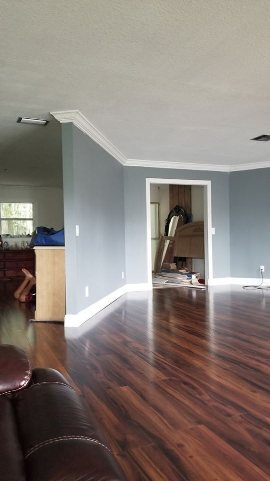 Blue-walled room with crown molding, dark wood floor, and a glimpse into another room