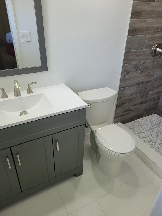 Bathroom with gray vanity, white toilet, and tiled shower.