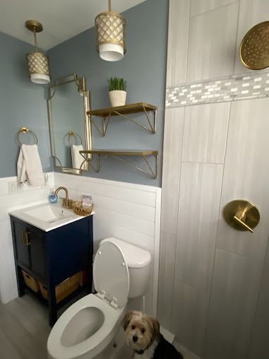 Blue and white bathroom with dog. Gold fixtures, open toilet, shelves with plant, mirror, and pendant lights