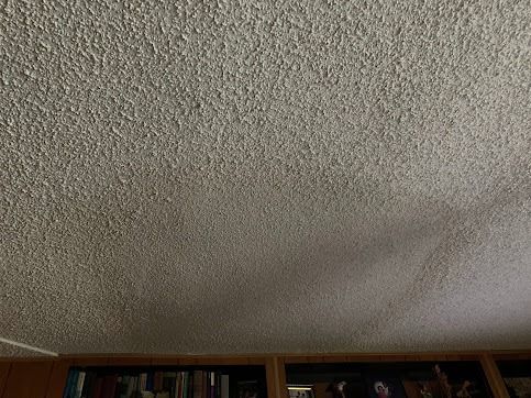 Textured popcorn ceiling above a wooden bookcase