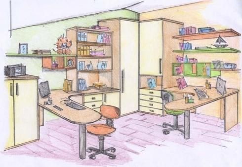 Schizzo colorato di un ufficio domestico con due scrivanie, librerie, un mobile alto e oggetti decorativi.