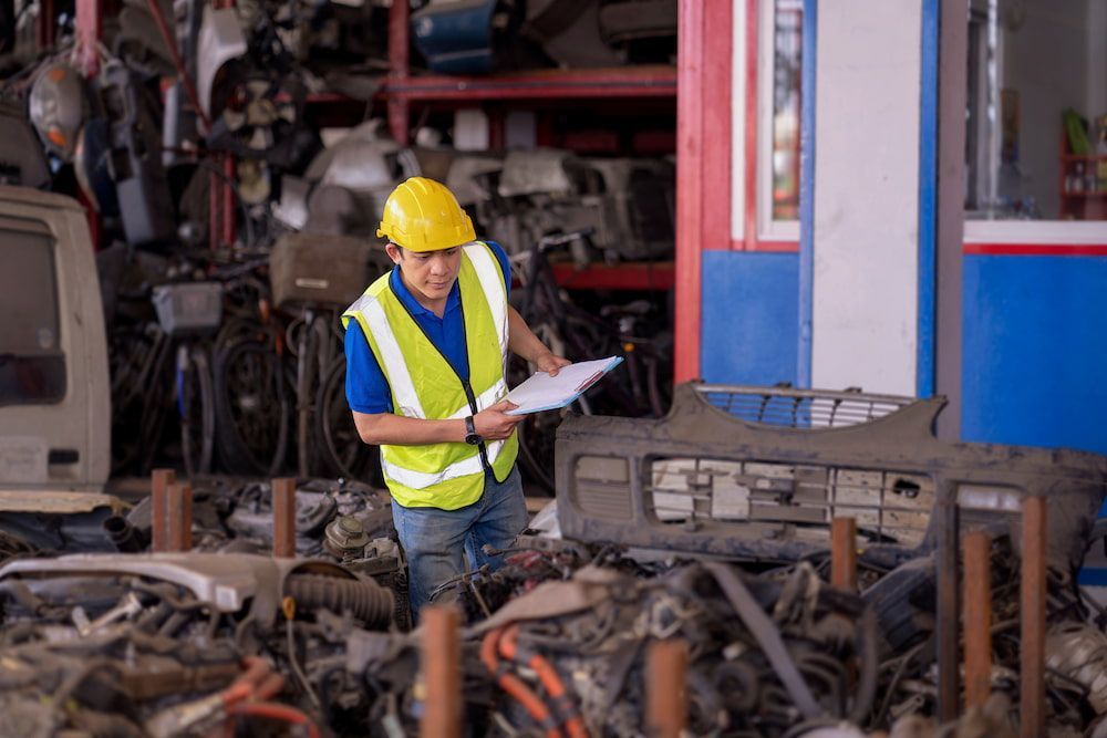 Man in Safety Vest and Hard Hat Examining Paperwork in a Junkyard — Crypto Parts In  Tuggerah, NSW
