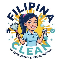 Filipina Clean logo with a smiling cleaner holding a mop and spray bottle, with “Trustworthy & Professional” text