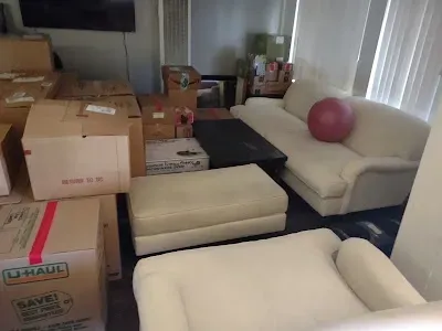 Moving boxes clutter a living room with a cream-colored couch, ottoman, and chair; a large pink ball sits on the sofa.