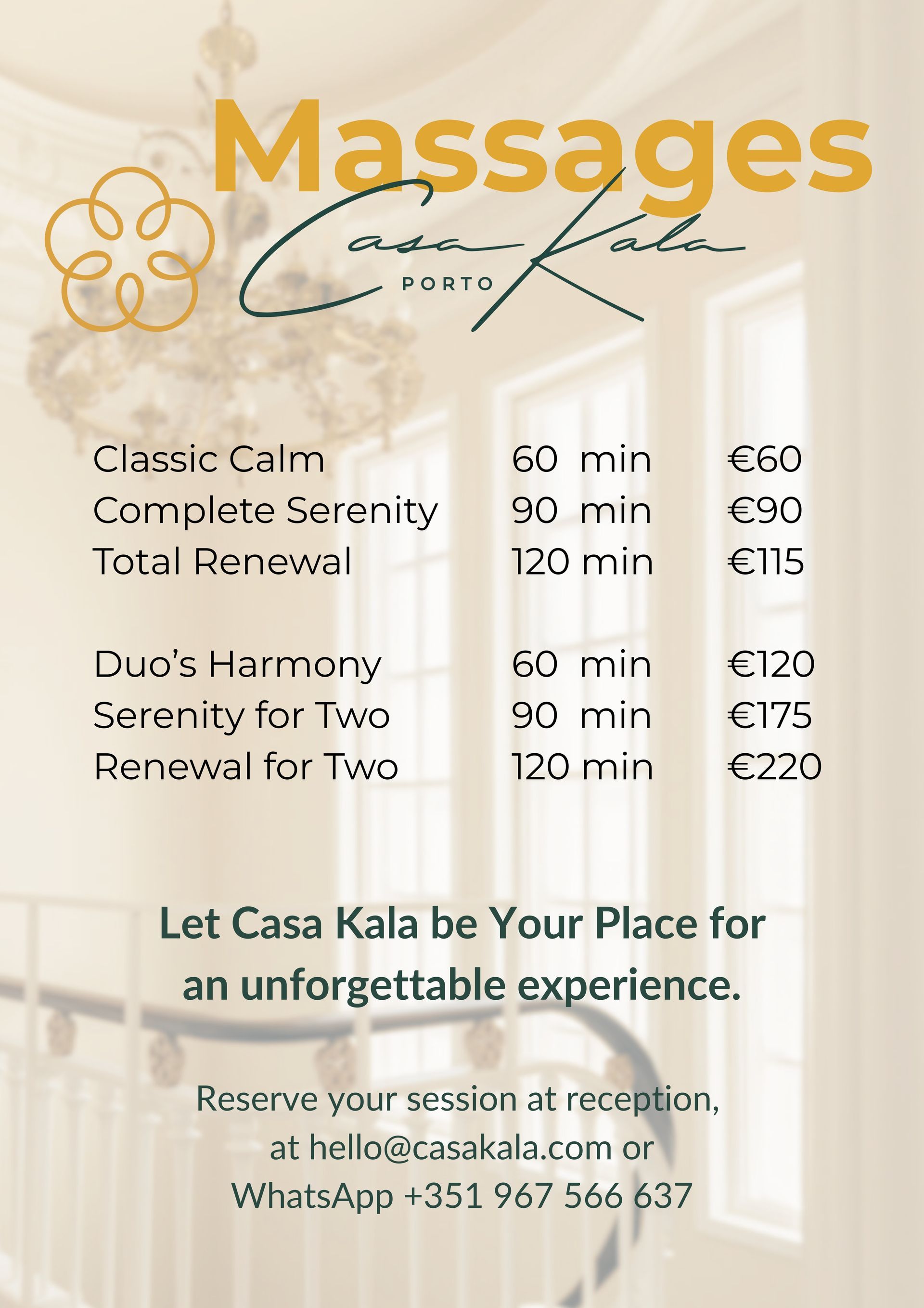 Casa Kala massage menu. Relaxing treatments for solo guests and couples