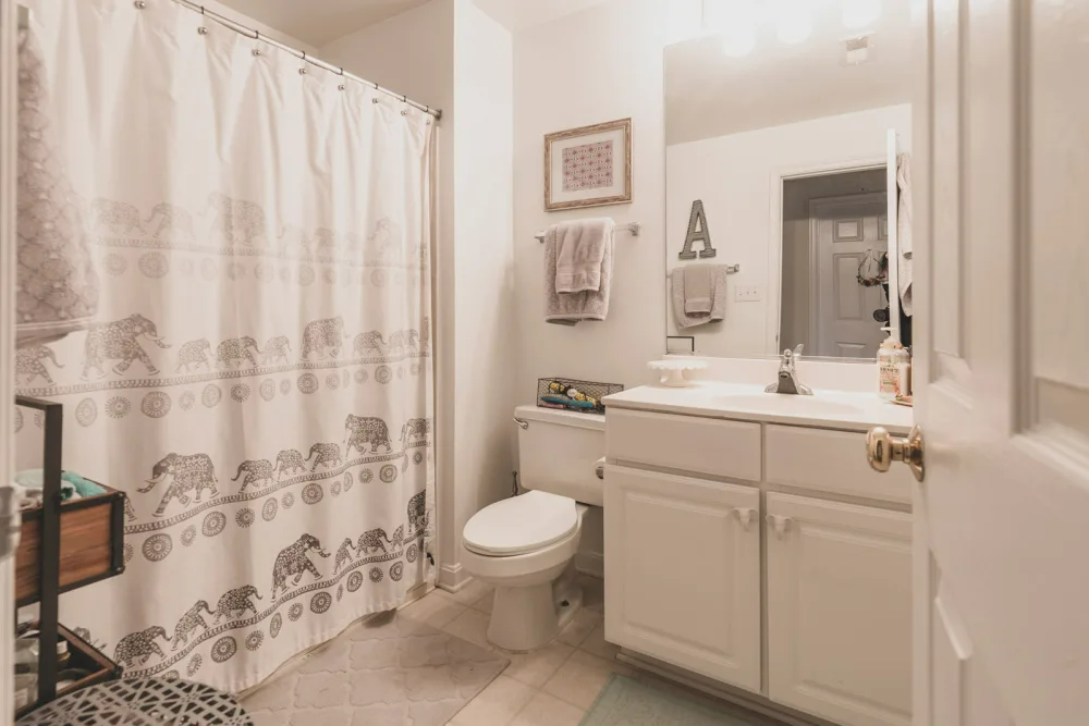 A bathroom with a toilet, sink, shower curtain, and mirror.