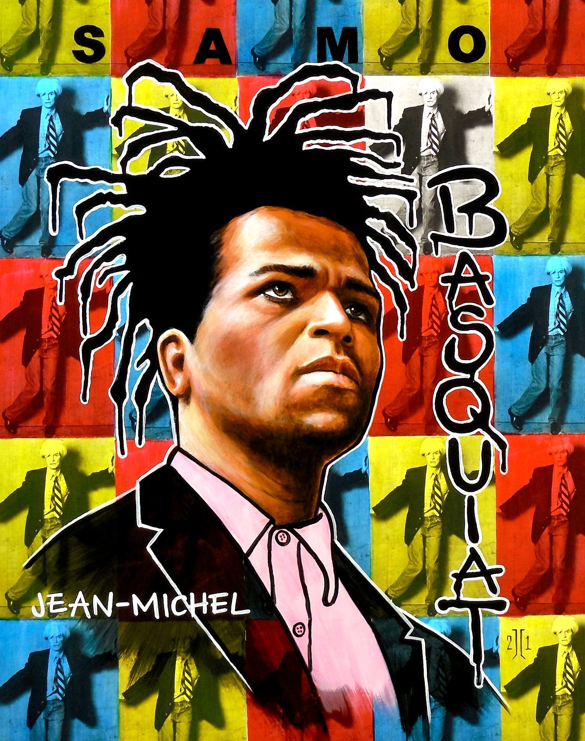 Portrait of Jean-Michel Basquiat against colorful graffiti blocks, with 