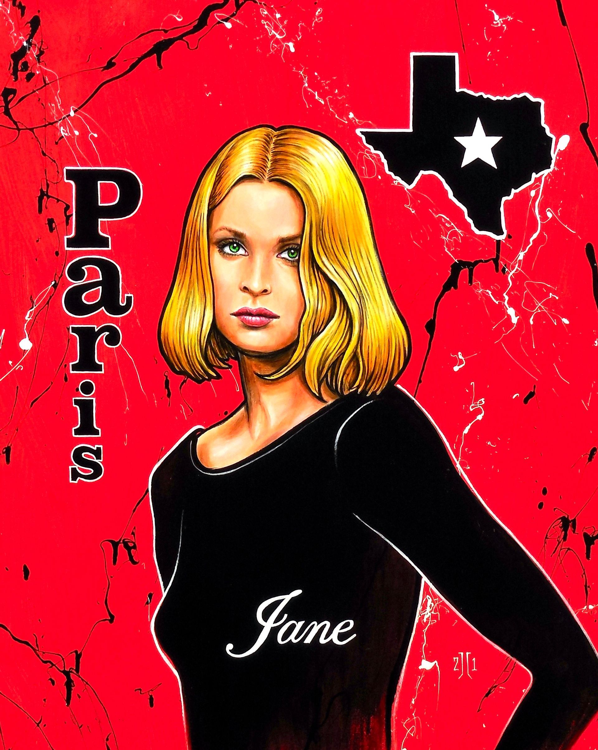 Stylized portrait of Jane on a red Paris-themed background with the Texas outline and star