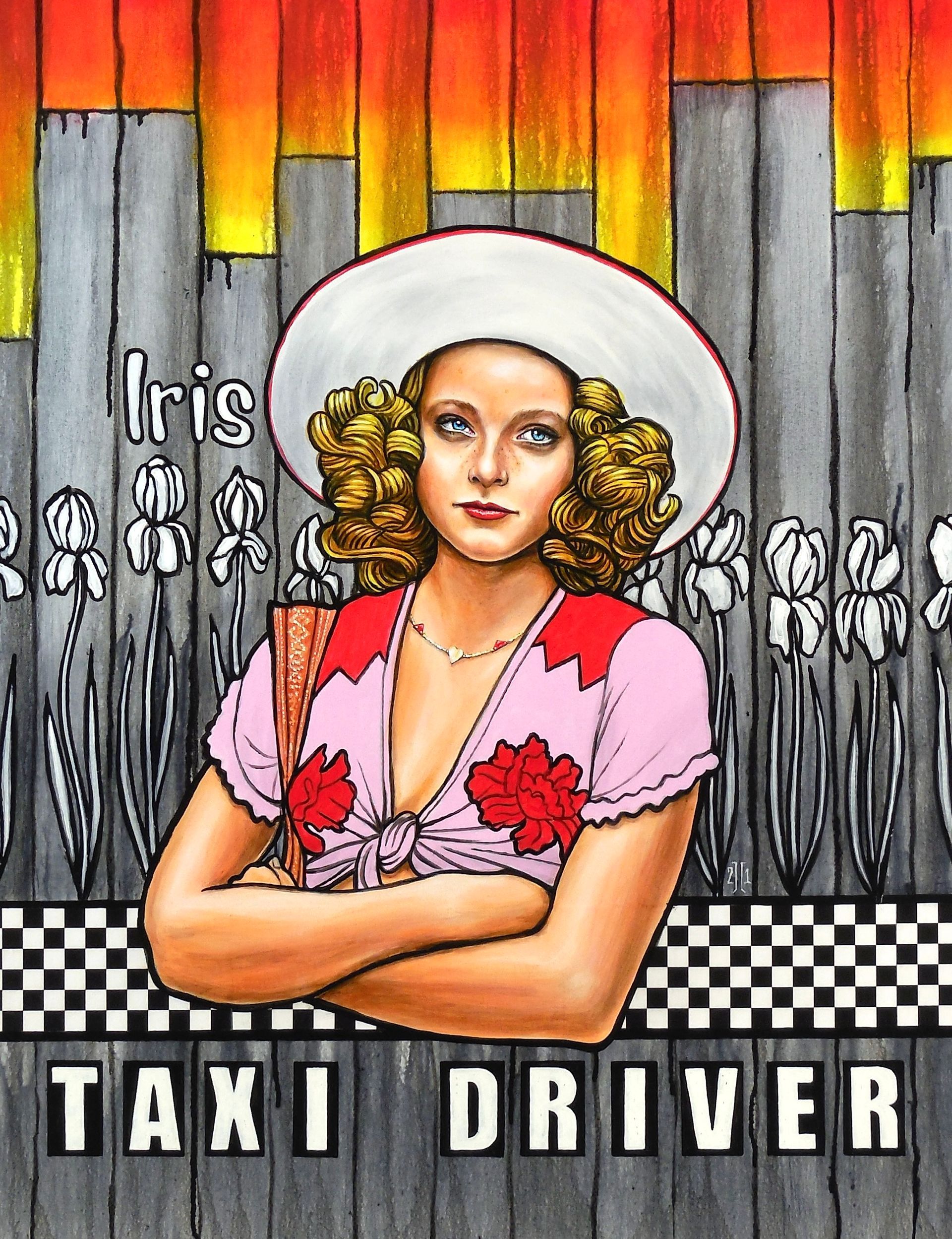 Stylized portrait of a woman in a white hat over a Taxi Driver poster backdrop