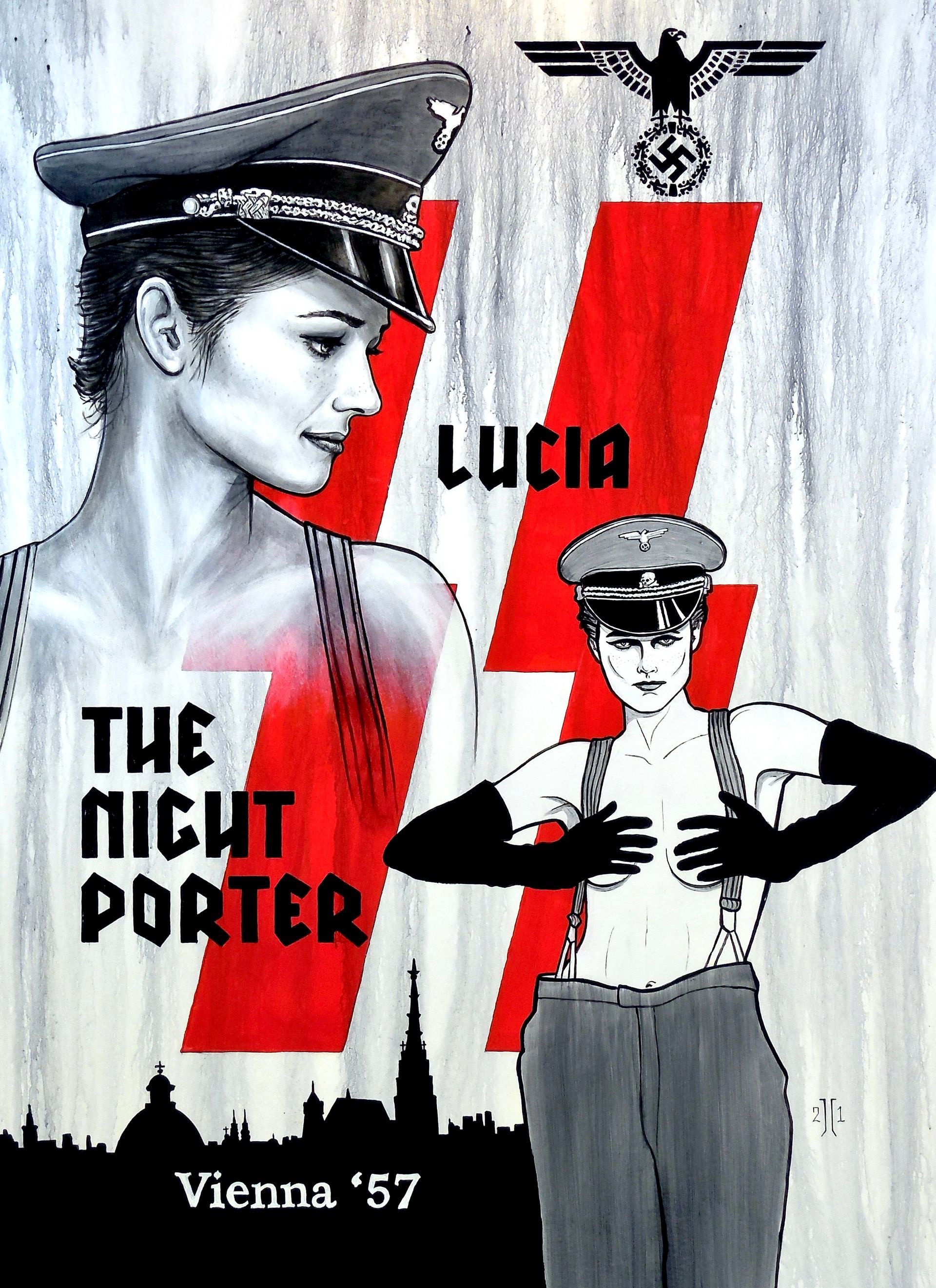 Poster for “Lucia,” featuring a woman in red and black with a uniformed man, and the text “The Night Porter” and “Vienna ’57”