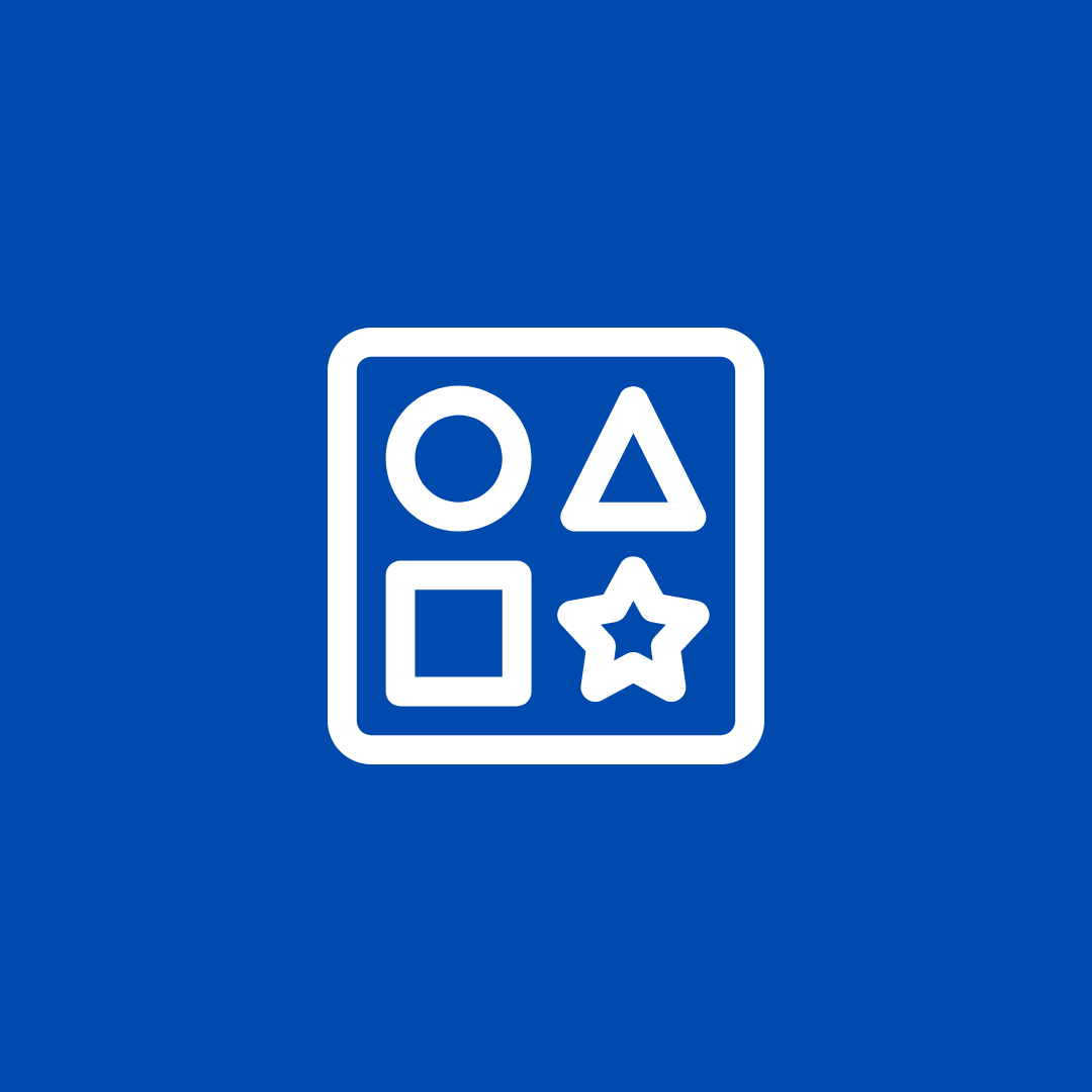 A square with four different geometric shapes in it on a blue background.