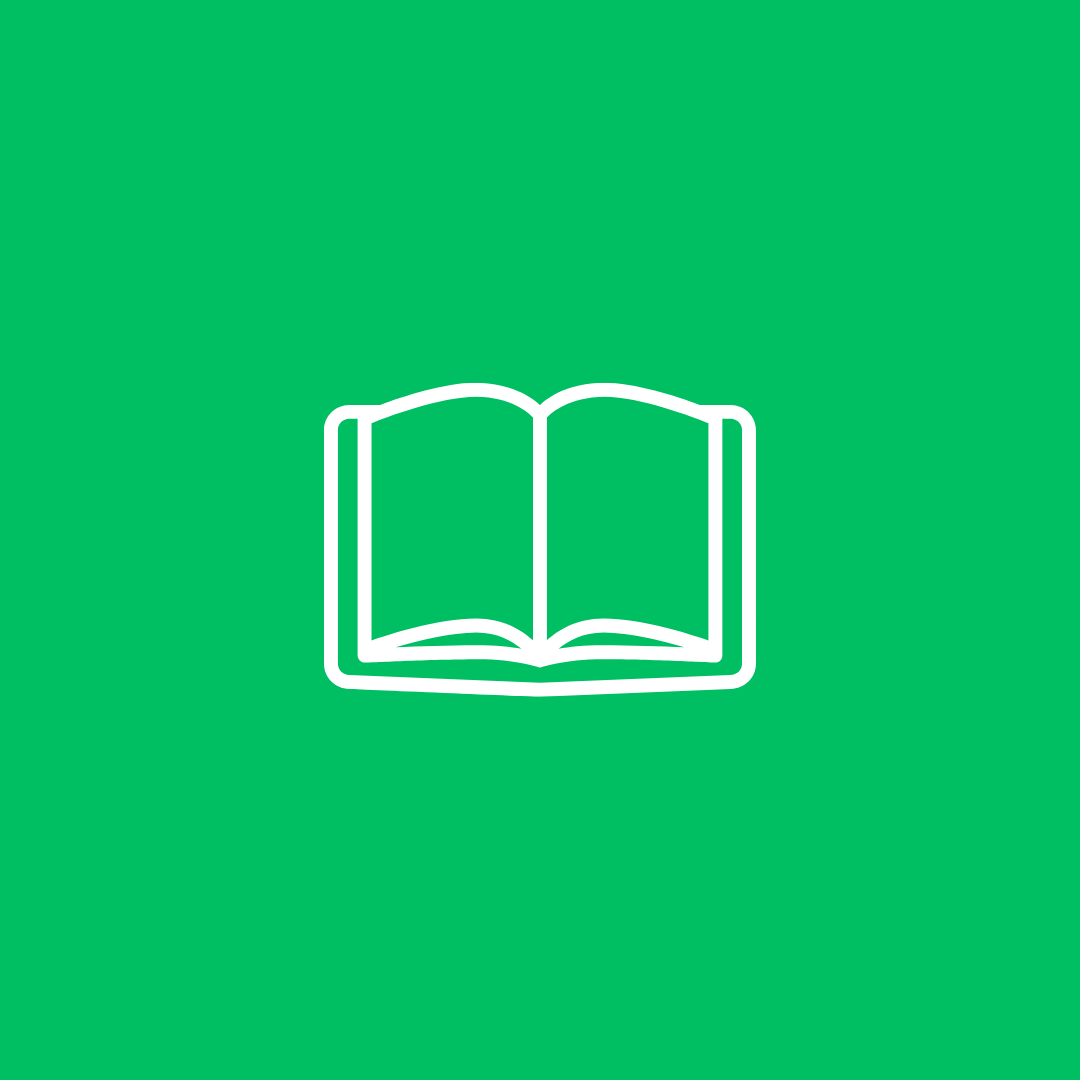 A white icon of an open book on a green background.