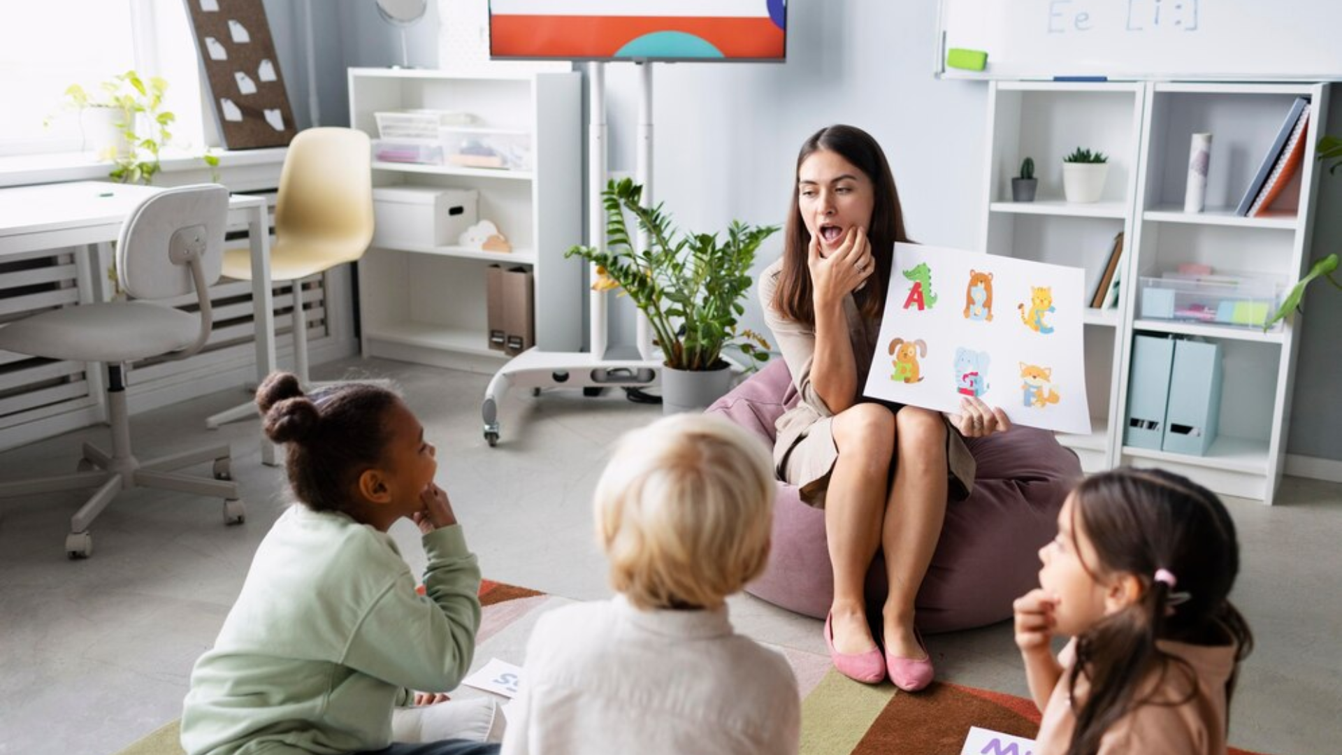 A woman is sitting on a bean bag chair reading a book to a group of children.