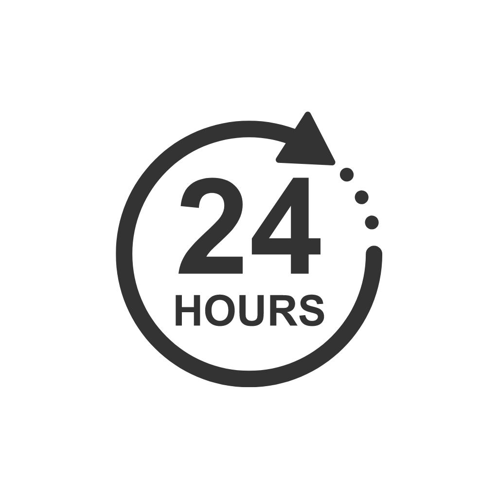 A 24 hours icon with an arrow in a circle on a white background.