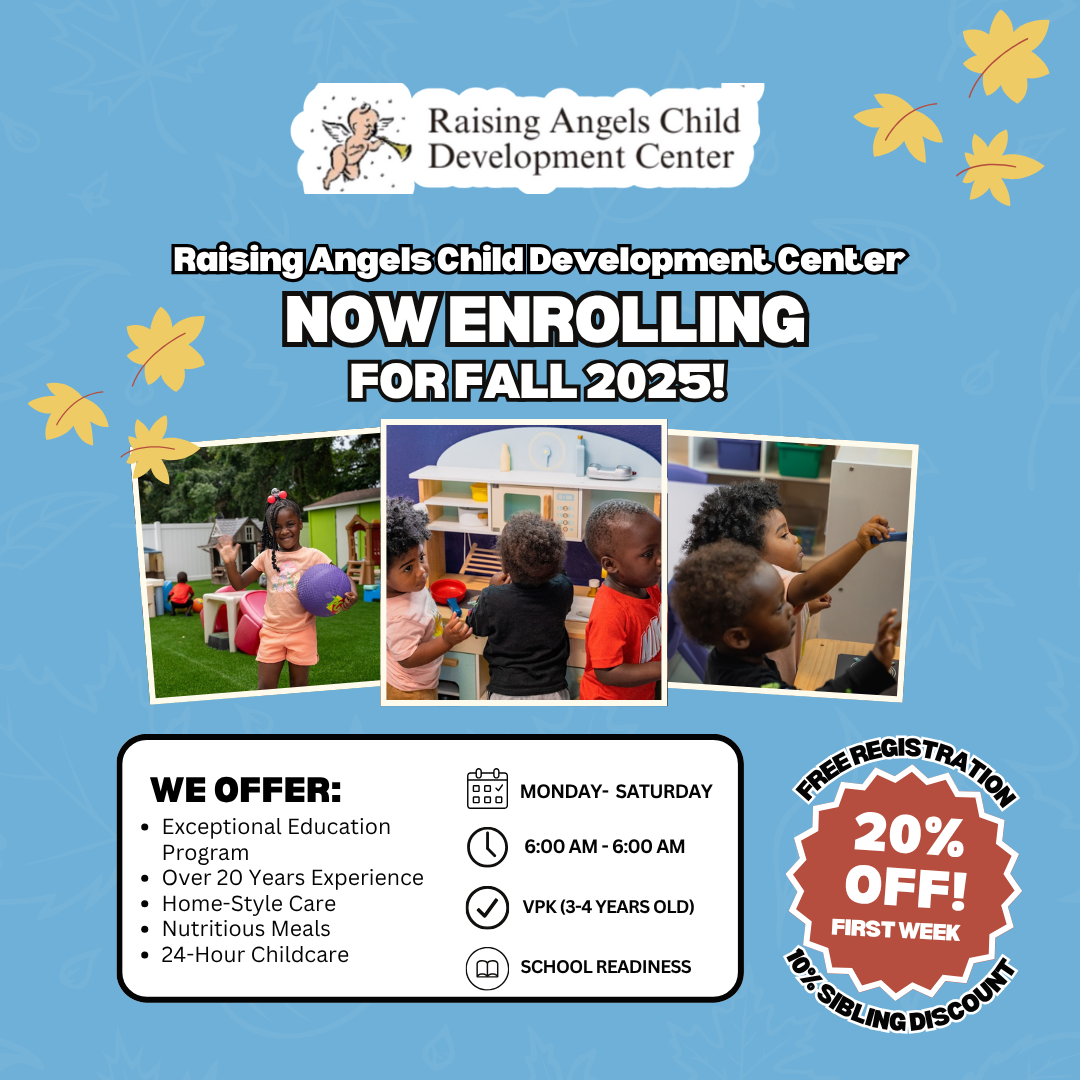 An advertisement for the raising angels child development center