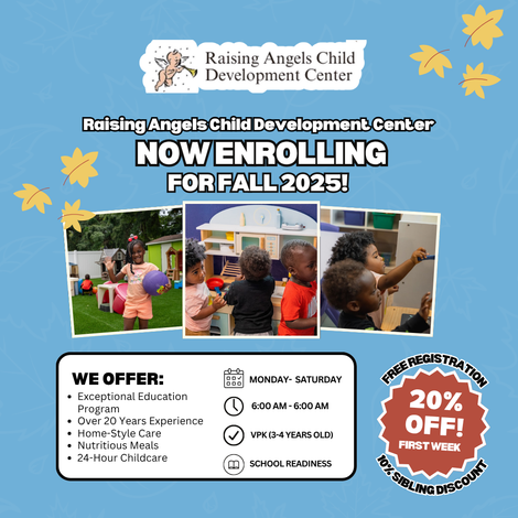 An advertisement for the raising angels child development center