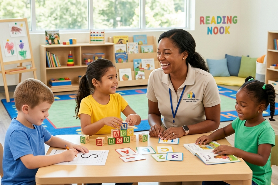 A teacher and three children sit at a table in a bright classroom, working together with alphabet blocks and cards.