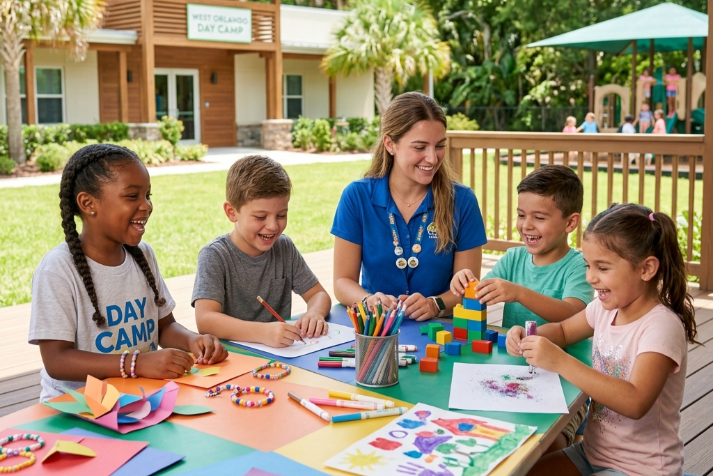 An instructor sits at an outdoor table with four children engaged in arts and crafts activities at a day camp.