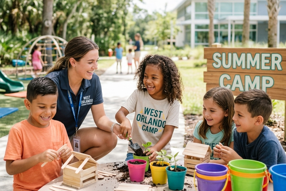 A camp counselor and four children sit at an outdoor table planting in small colorful pots near a Summer Camp sign.