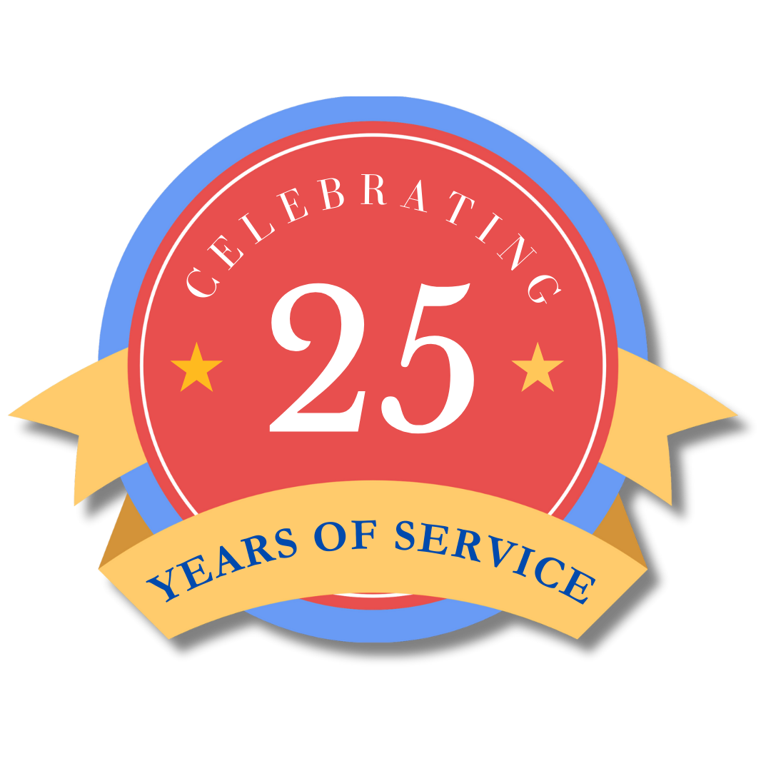 A badge that says celebrating 25 years of service