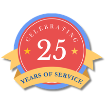 A badge that says celebrating 25 years of service