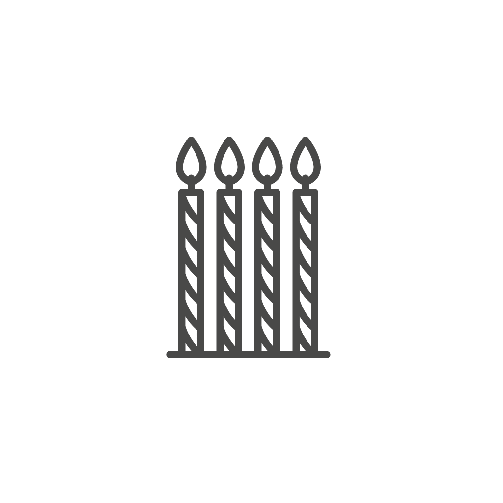 A line drawing of four birthday candles on a white background.
