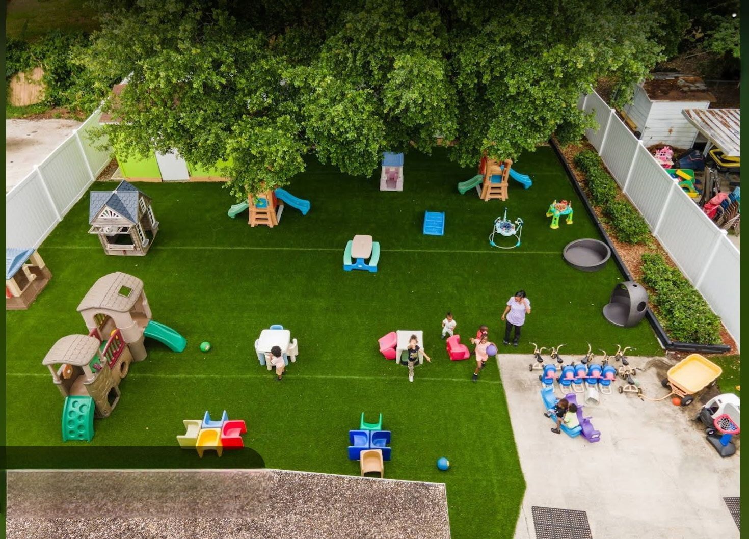 Aerial view of Raising Angels daycare playground with children playing.