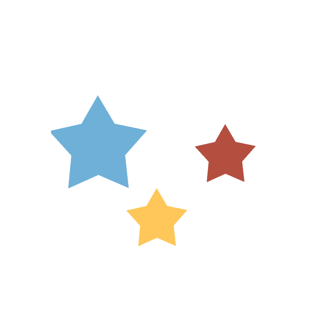 Three stars of different colors are on a white background.