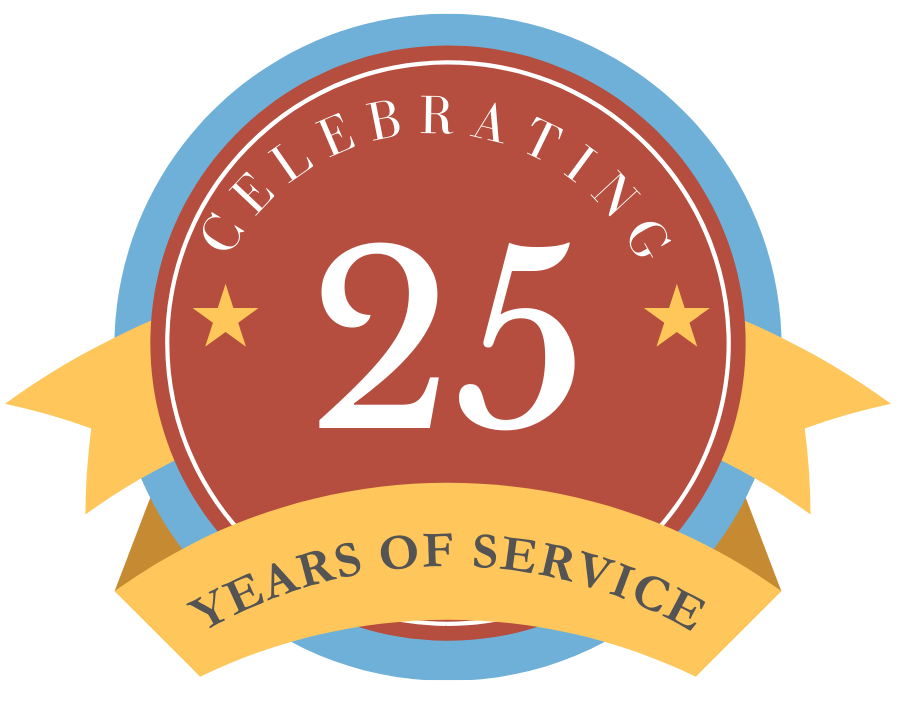 A badge that says celebrating 25 years of service