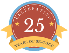 A badge that says celebrating 25 years of service