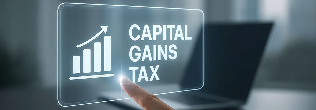 A finger pointing at a screen that shows an graph with bars increasing and the words capital gains tax
