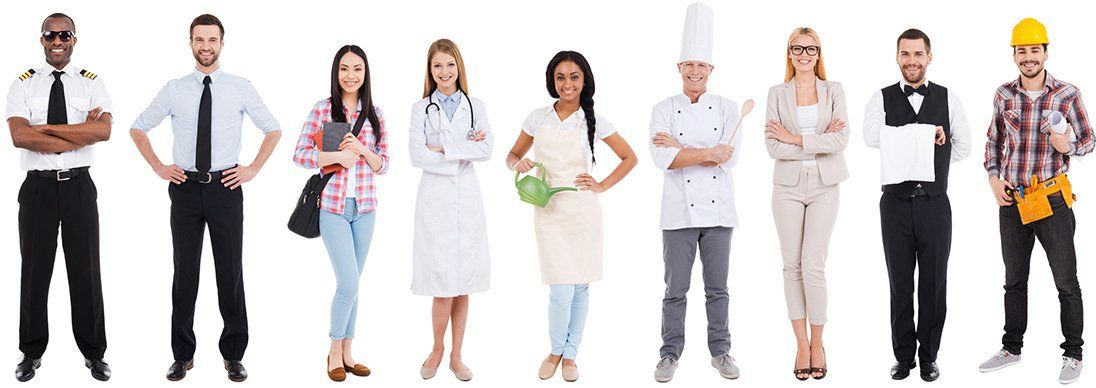 Nine people from different cultures in various work uniforms on a white background