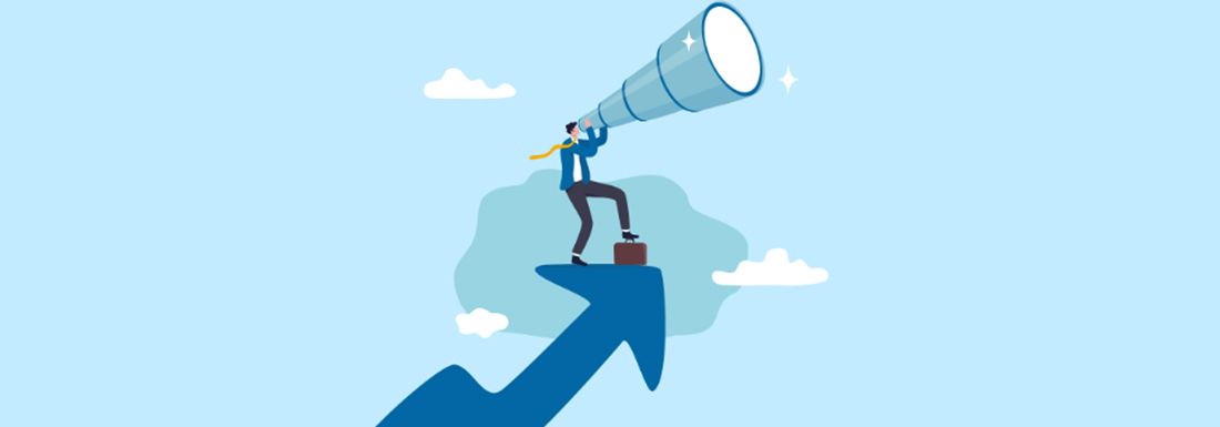 Vector of a man with a telescope looking to the sky and standing on a dark blue arrow heading upwards.