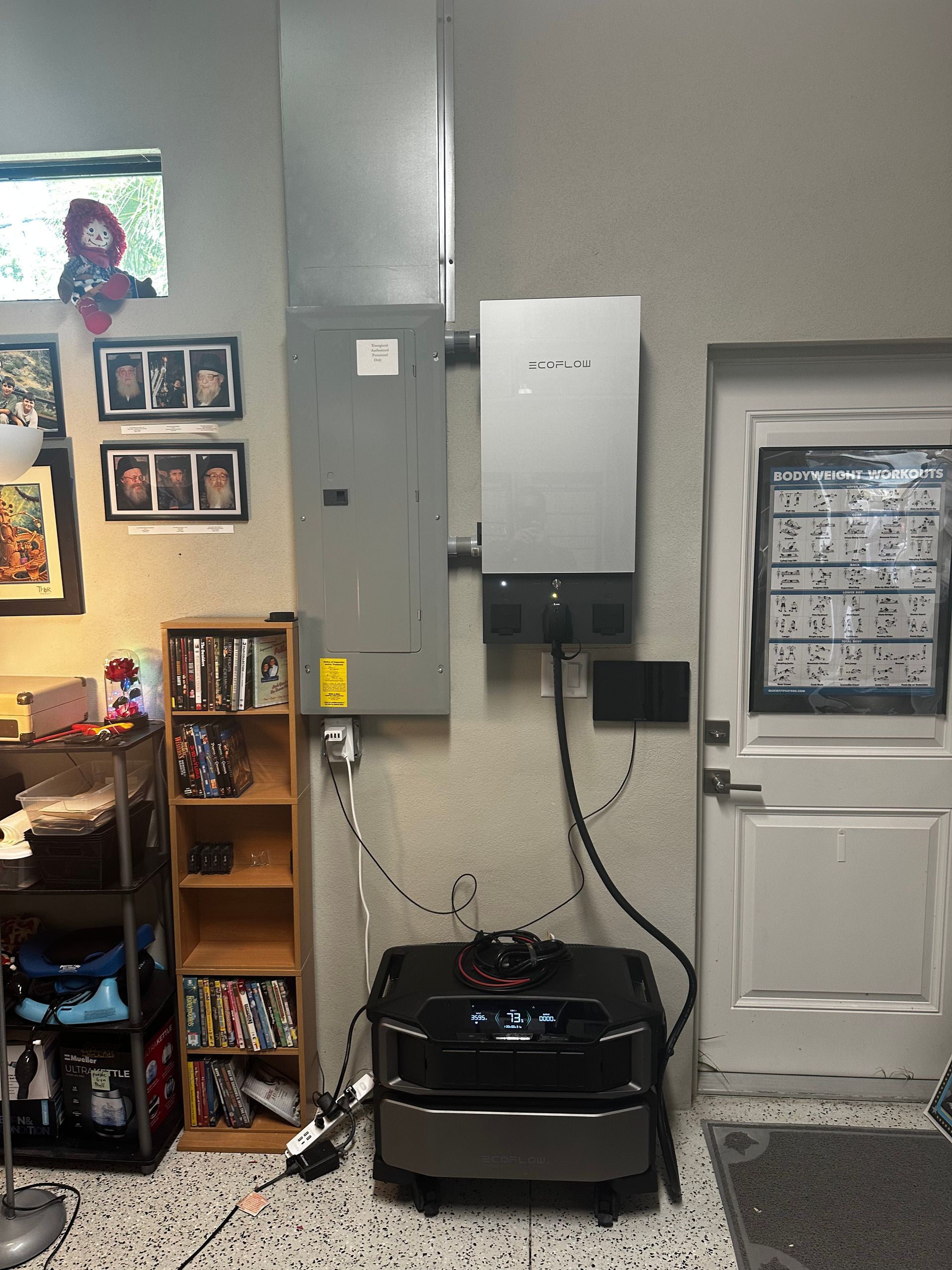 EcoFlow battery backup system installation with electrical panel for home energy storage and emergency power.