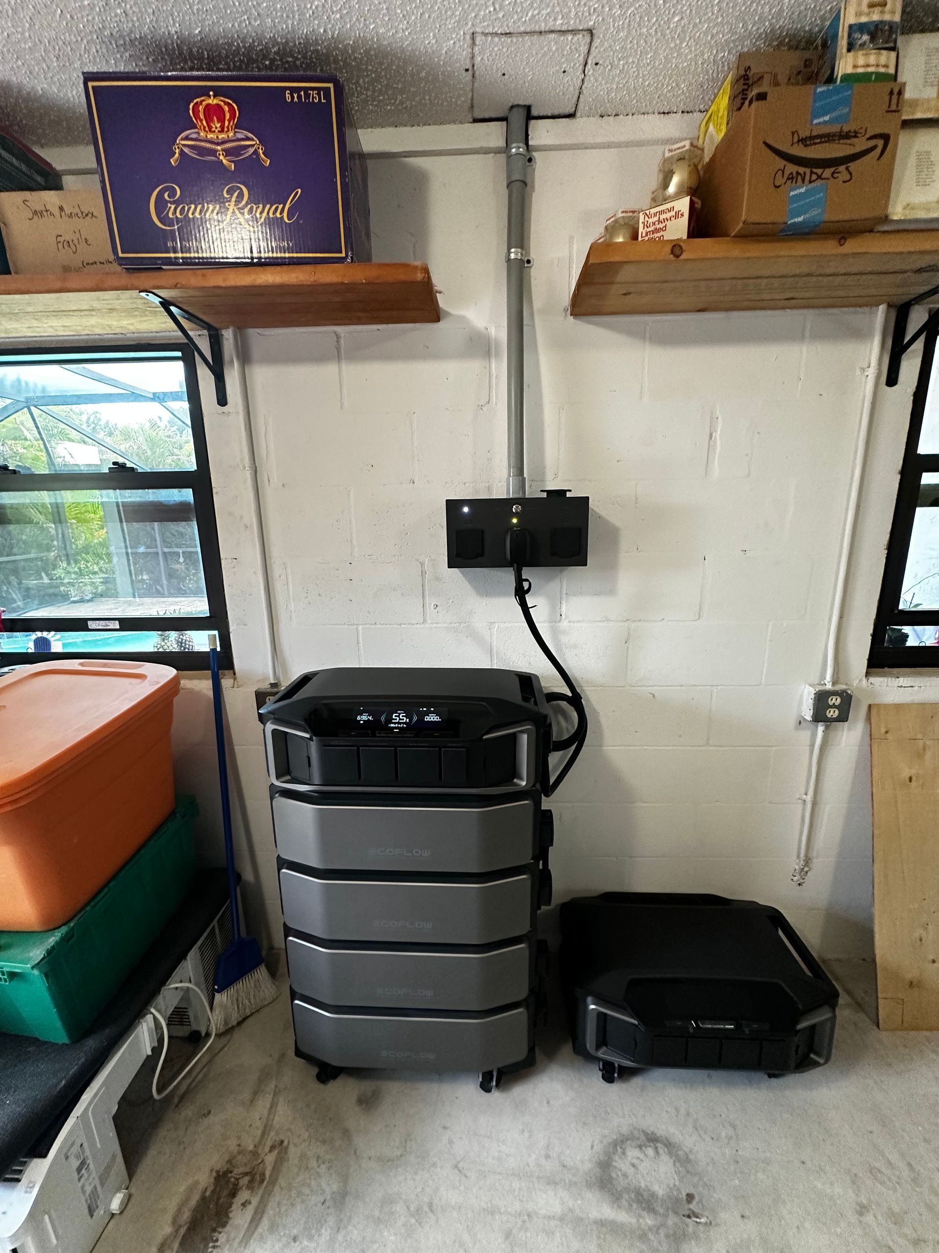Garage installation of an EcoFlow battery backup system with secure electrical outlet wiring for energy efficiency