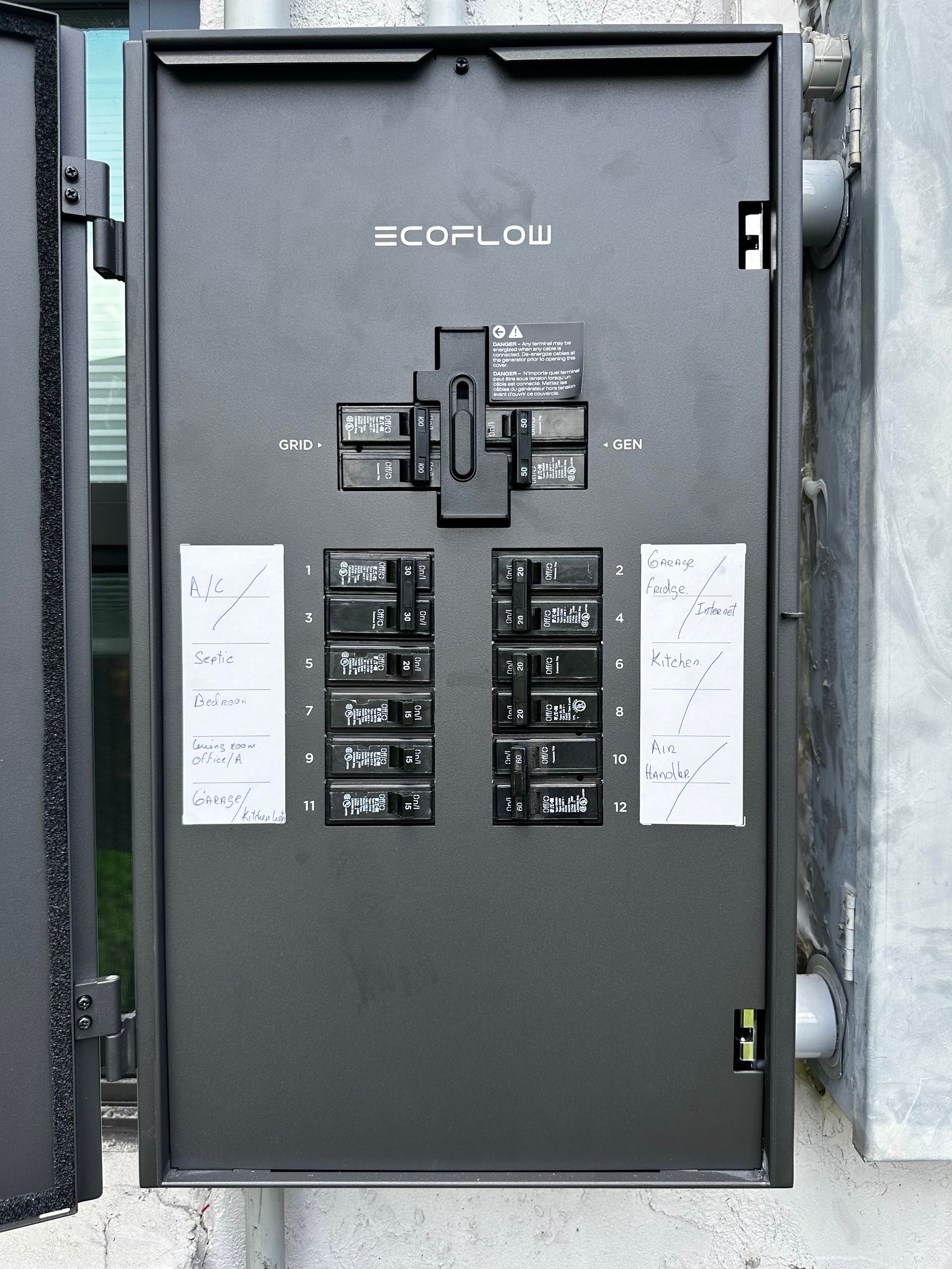 Home electrical installation with EcoFlow battery backup and panel wiring for efficient energy storage solutions.