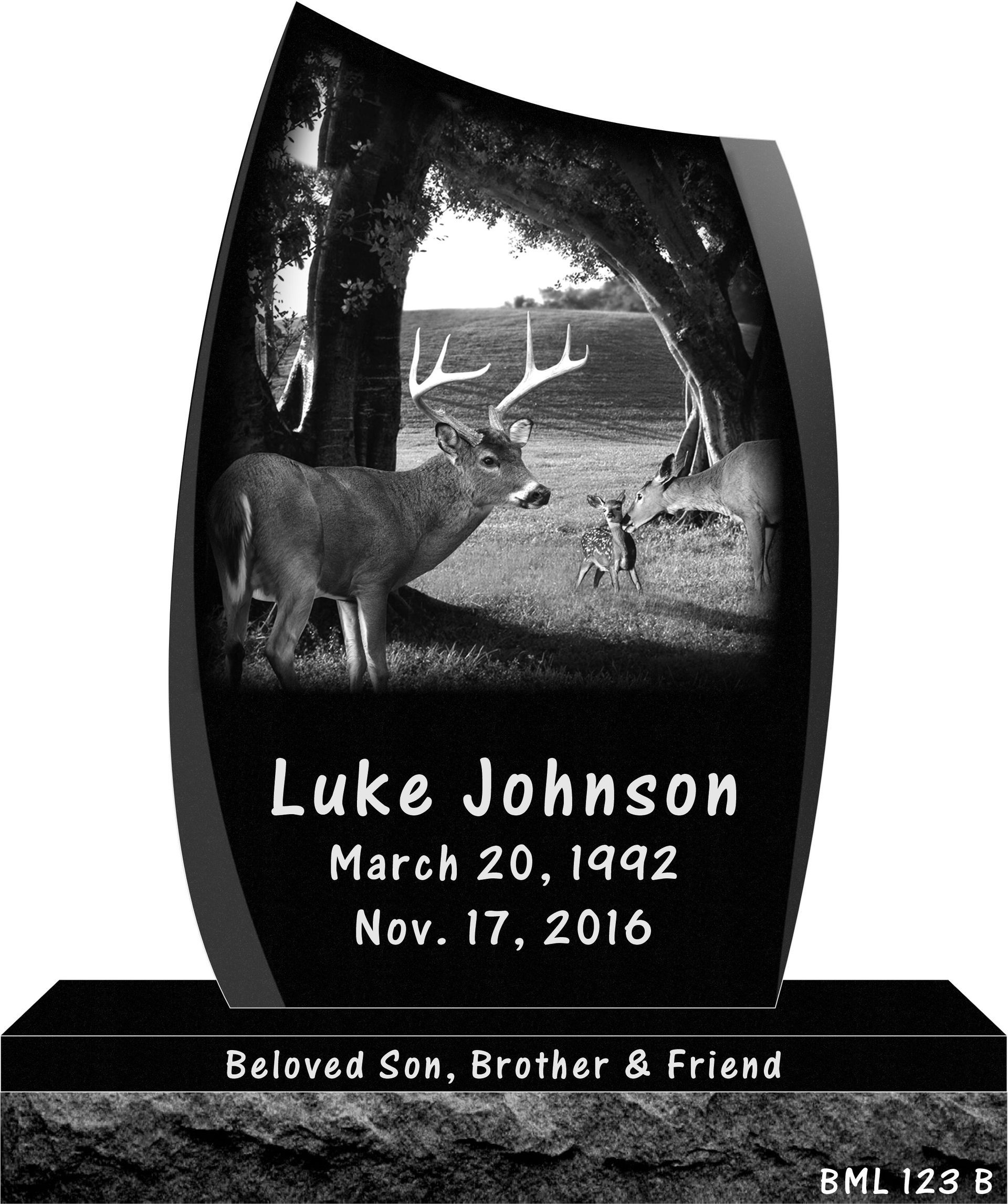 A black headstone for Luke Johnson, featuring an etched deer scene, dates 1992–2016, and the text 