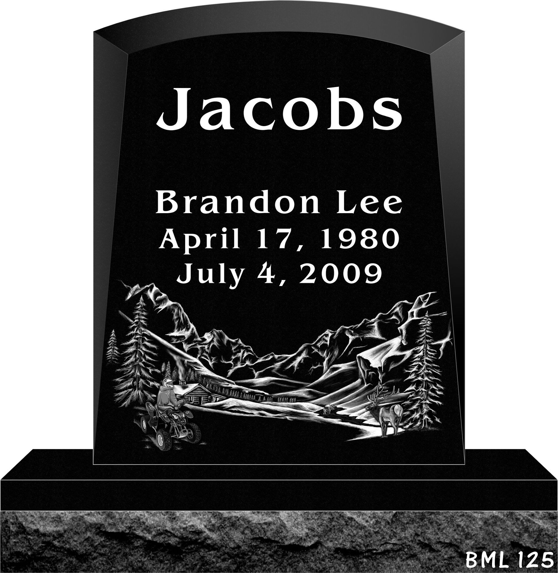 A black upright headstone engraved with 