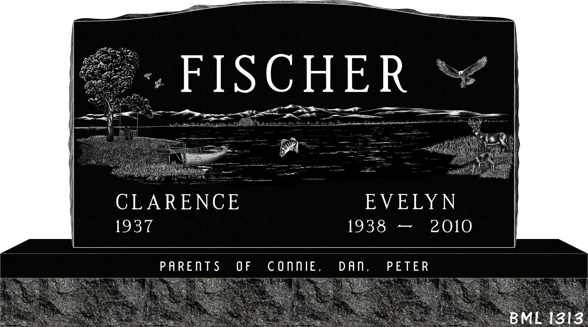 A black granite headstone inscribed 