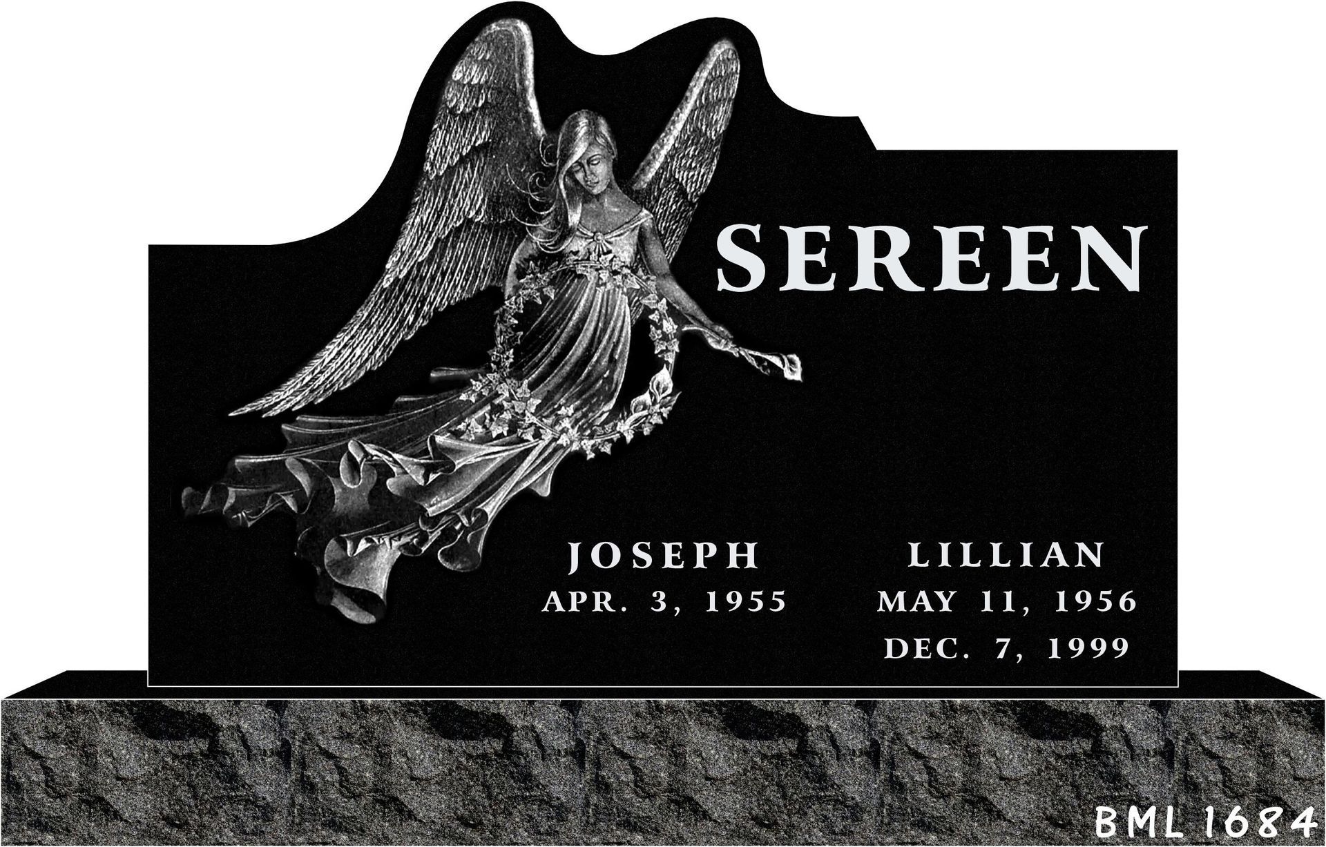 Black headstone engraved with an angel, the surname 