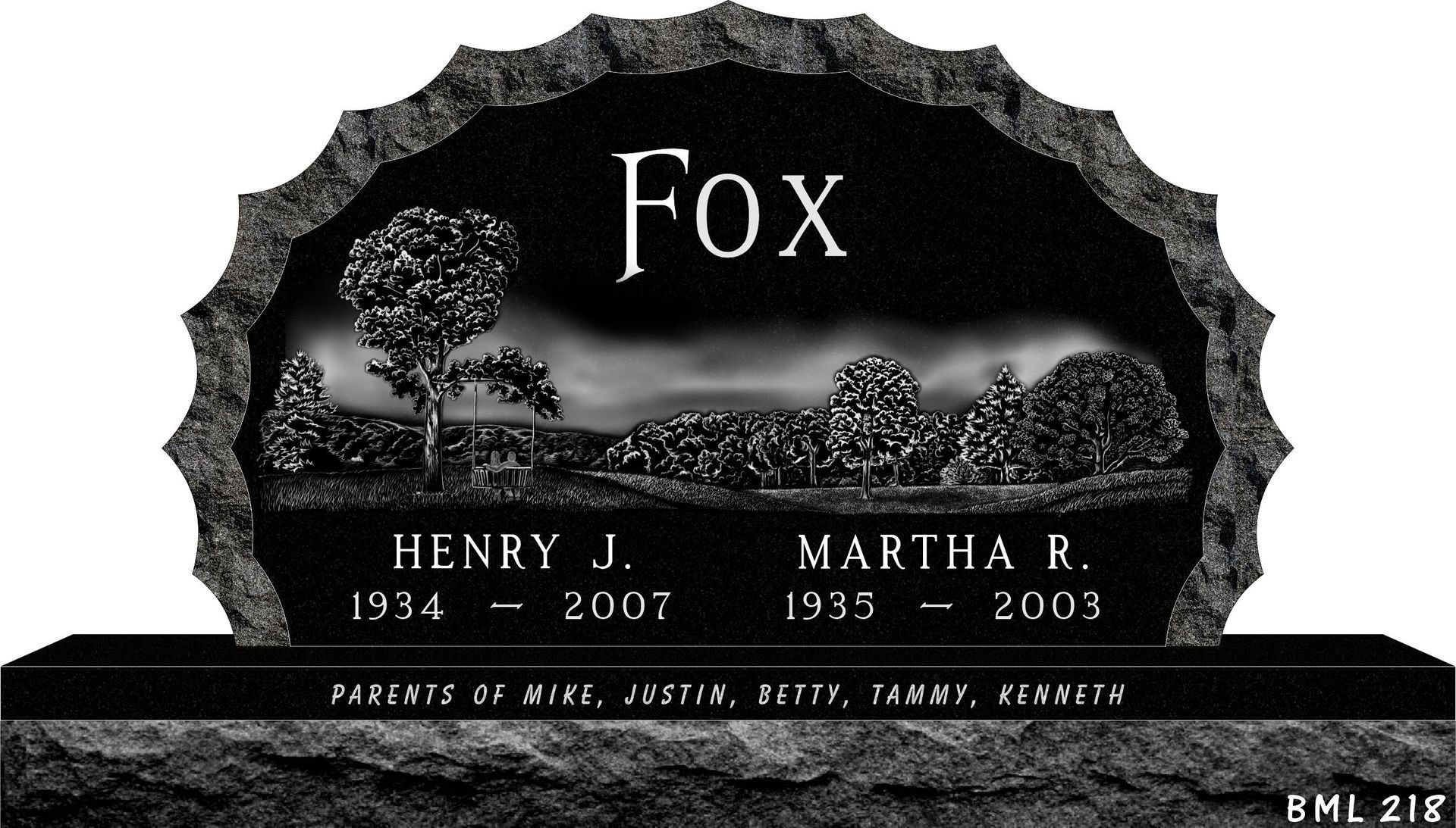 A black granite gravestone engraved with 