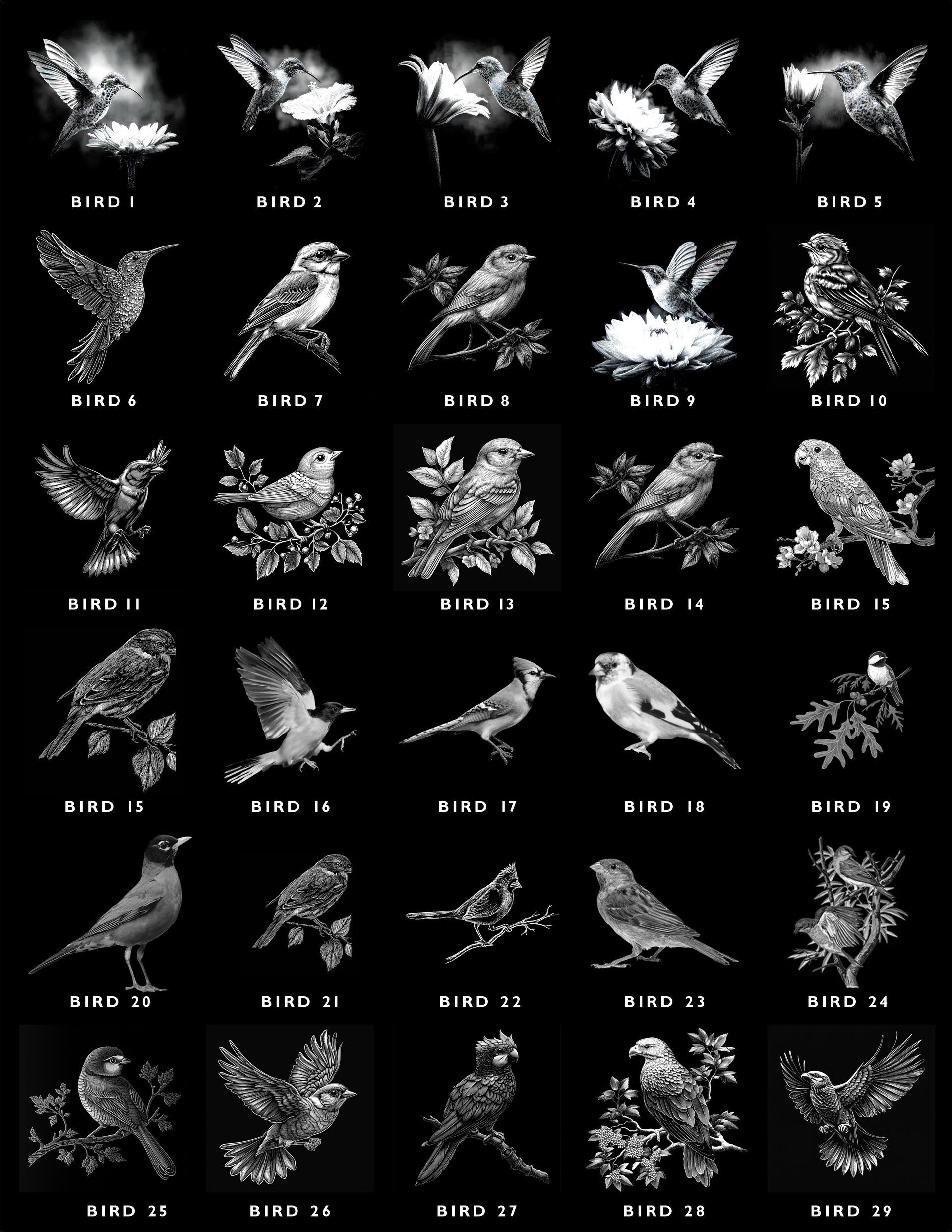 A grid of 30 labeled, white-line drawings of various birds on a black background.