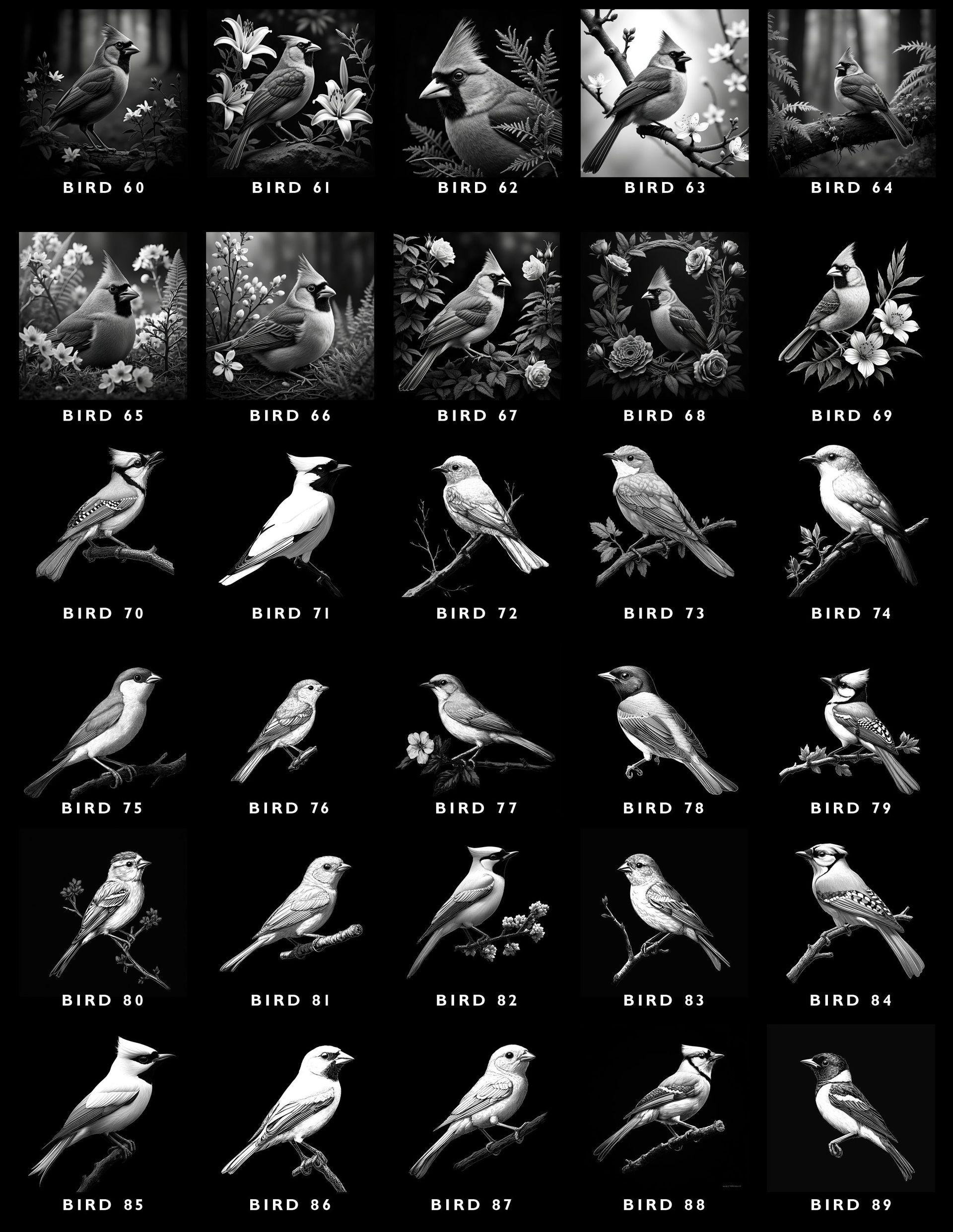A grid of 30 black-and-white illustrations of birds, each labeled with a code, arranged in six rows and five columns.