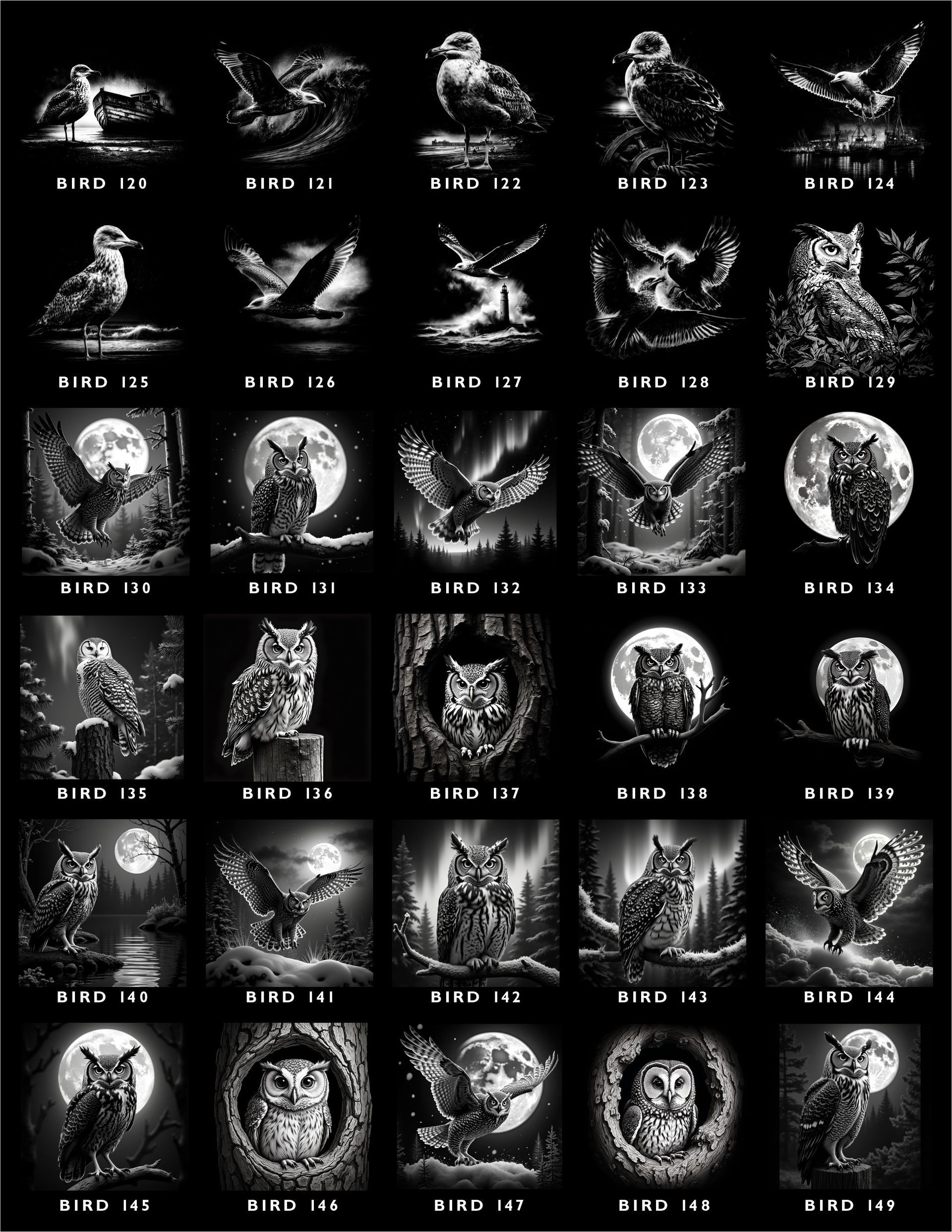 A grid of 30 black and white illustrations of owls in various settings, labeled with codes like 