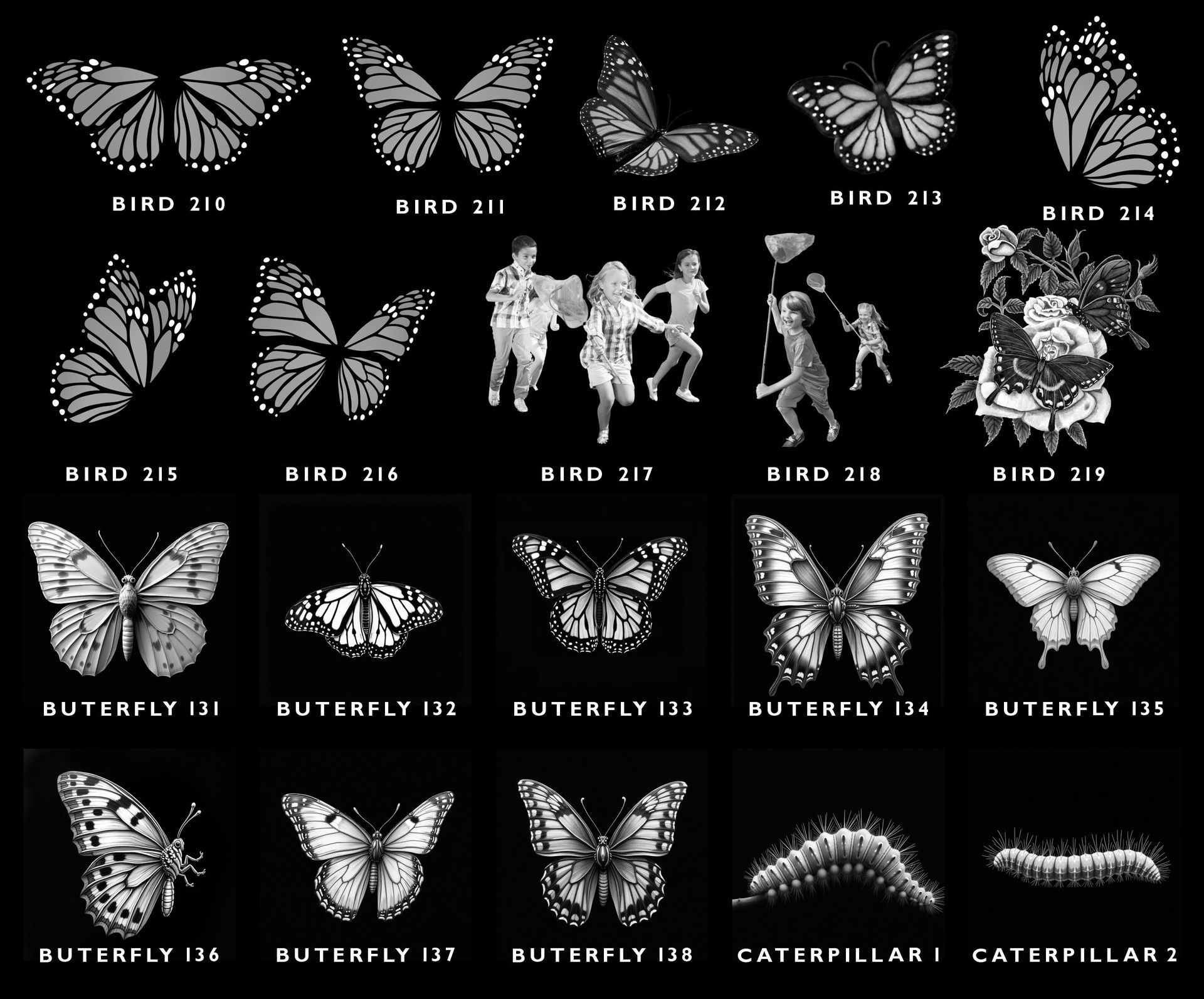 Grid of vintage-style illustrations featuring butterflies, moths, caterpillars, and children playing on a black background.