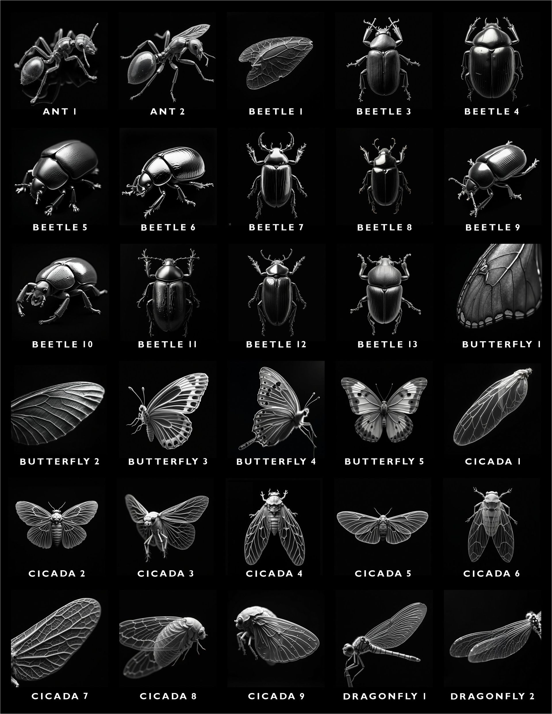 A grid of 30 monochrome scientific illustrations of various insects, including ants, beetles, butterflies, and cicadas.