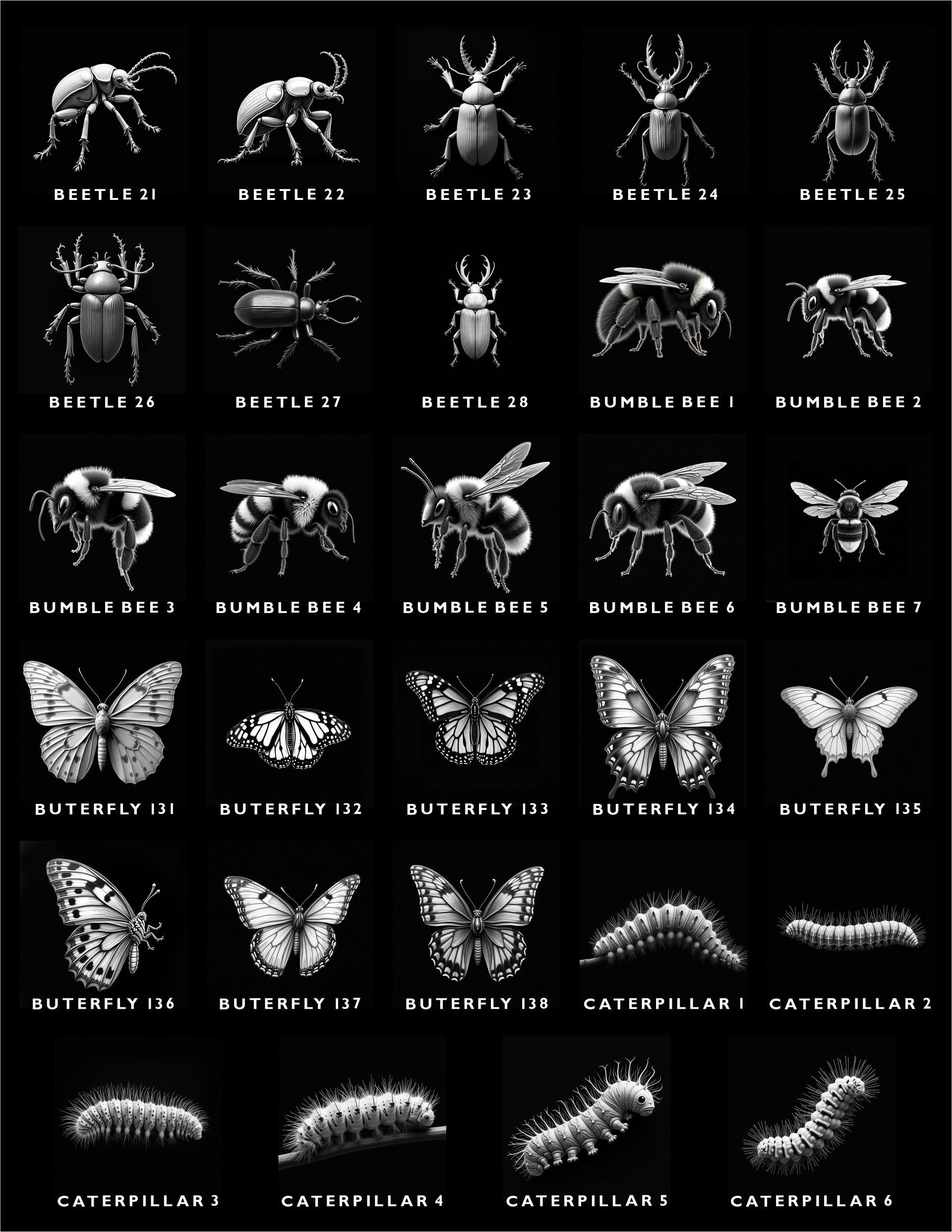 A grid of 30 black-and-white, detailed illustrations of various beetles, bees, butterflies, and caterpillars.