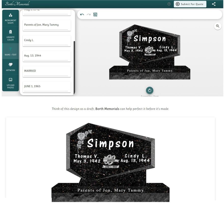 Black granite tombstone with