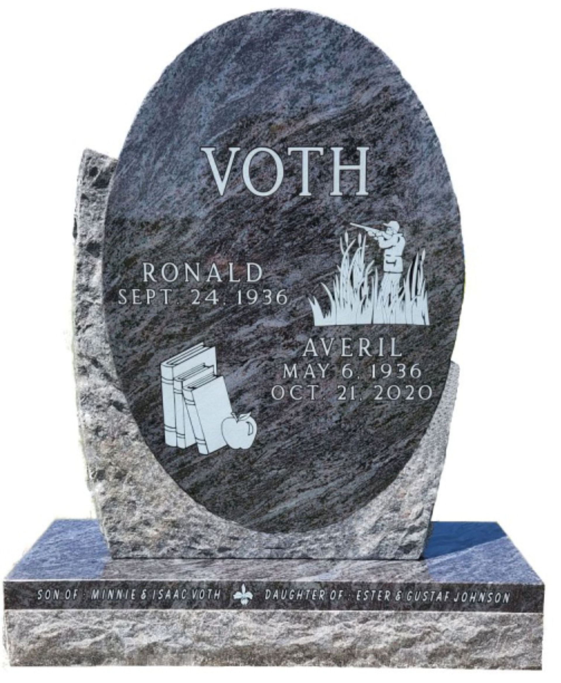 Granite headstone with two vases of flowers in a grassy field.