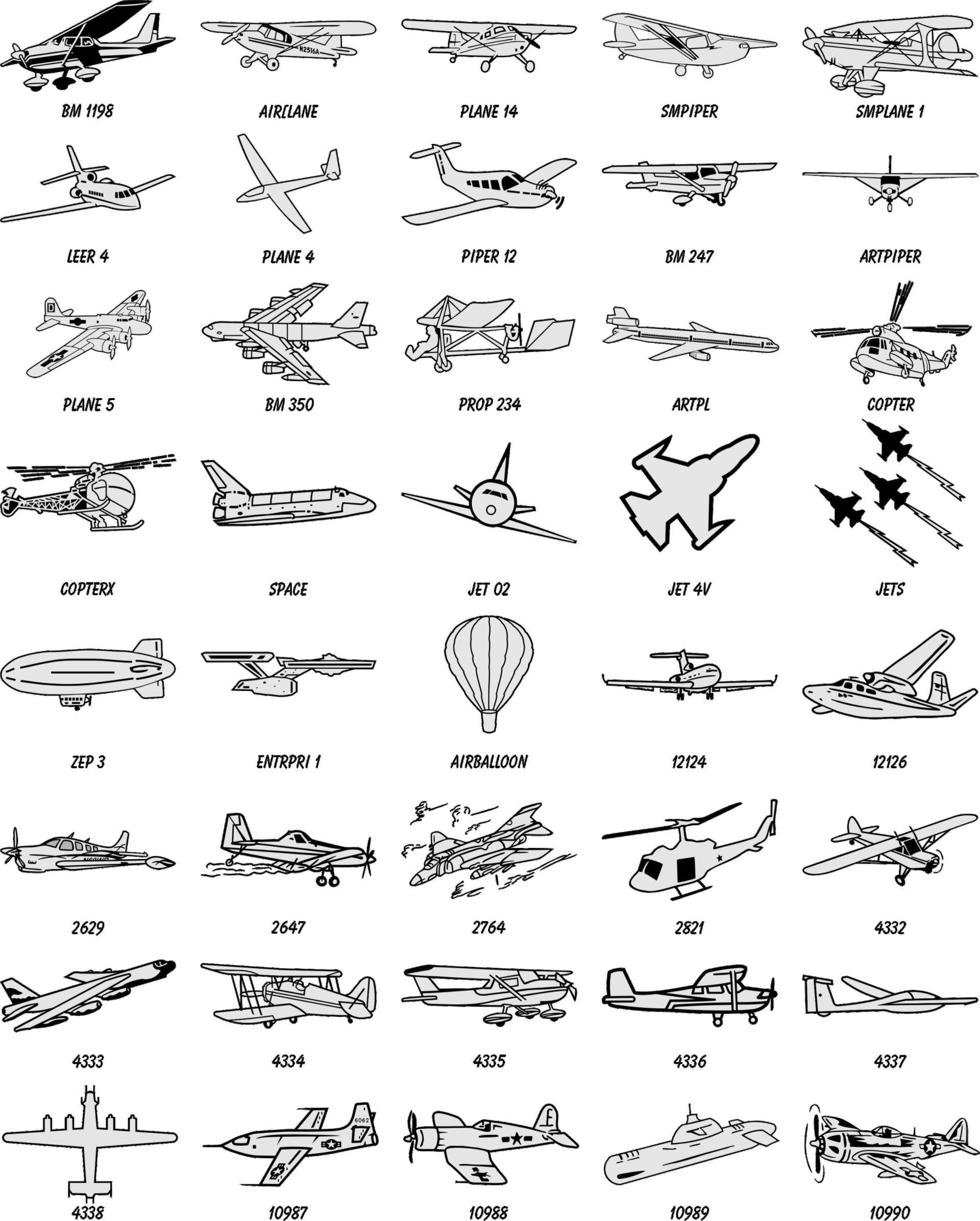A grid of 40 varied aircraft illustrations, including planes, helicopters, and a hot air balloon, labeled with text codes.